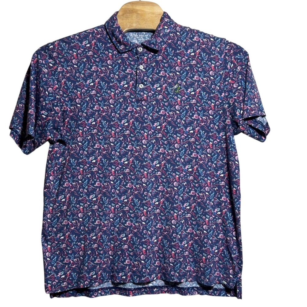 Peter‎ Millar Seaside Mens XL Polo Shirt Navy Bloody Mary Shark Print Cotton XL